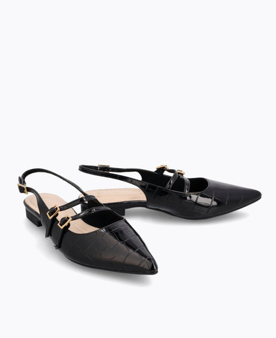 Inca Slingback Mary Jane Flats V2 - Black (Croc)